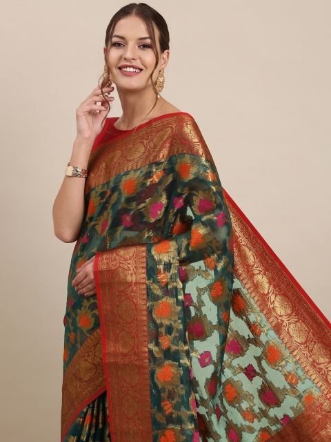 

PERFECTBLUE Green & Red Ethnic Motifs Art Silk Kanjeevaram Saree