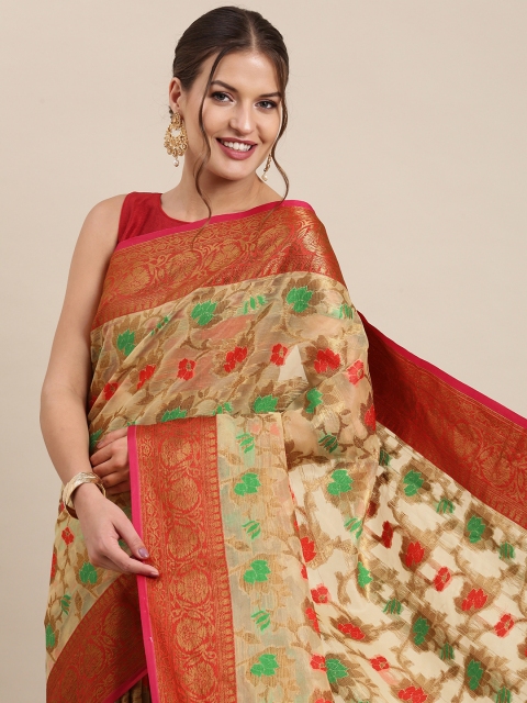 

PERFECTBLUE Cream-Coloured & Red Ethnic Motifs Art Silk Kanjeevaram Saree