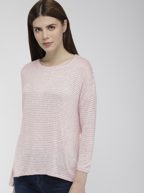 

FOREVER 21 Women Pink & Charcoal Grey Striped Regular Top