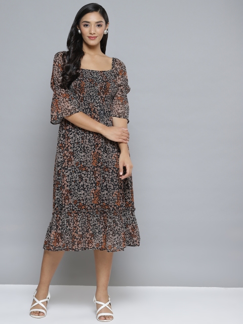 

Femella Black & White Floral Chiffon A-Line Midi Dress