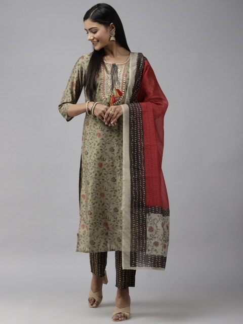 

Yufta Women Green Floral Printed Thread Work Kurta Set