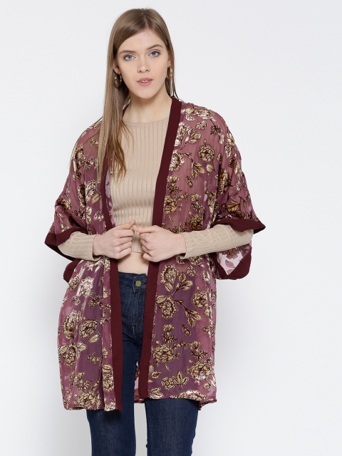 

FOREVER 21 Wine-Coloured Floral Pattern Longline Shrug, Burgundy