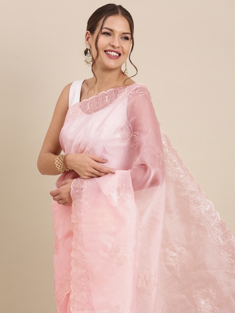 

PERFECTBLUE Blue Mirror Work Organza Saree
