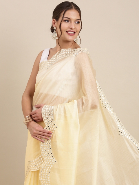 

PERFECTBLUE Yellow Crinkled Mirror Work Organza Saree