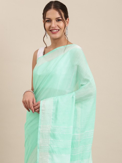 

PERFECTBLUE Blue & Silver Solid Linen Saree