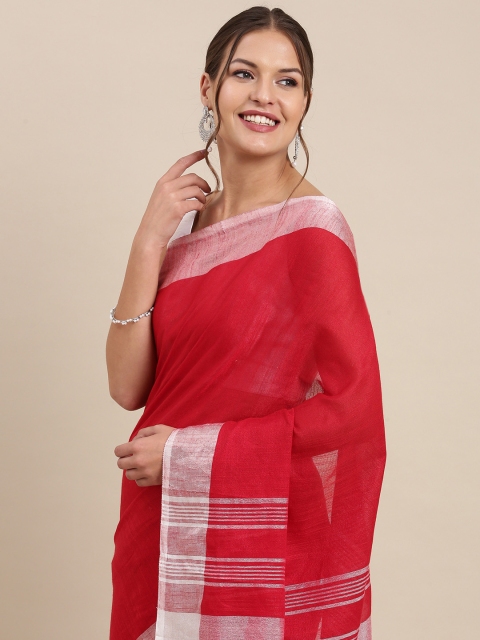 

PERFECTBLUE Red & White Solid Linen Saree