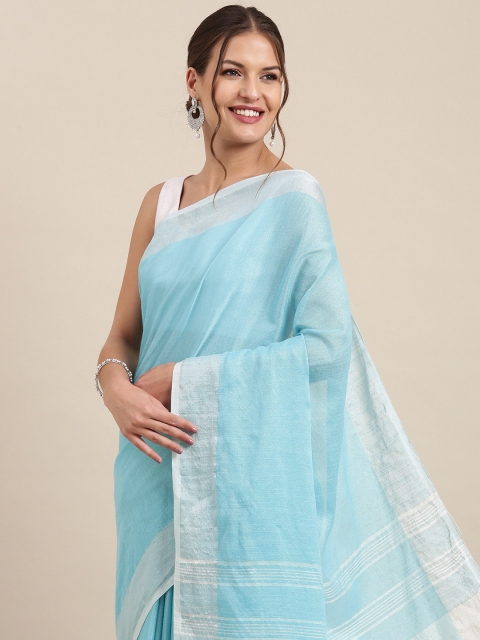 

PERFECTBLUE Blue & White Solid Linen Saree