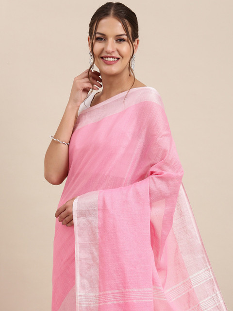 

PERFECTBLUE Pink & White Solid Linen Saree