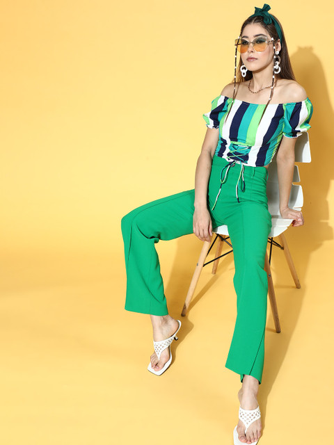 

U&F Women Gorgeous Green Vertical Stripes Volume Play Top