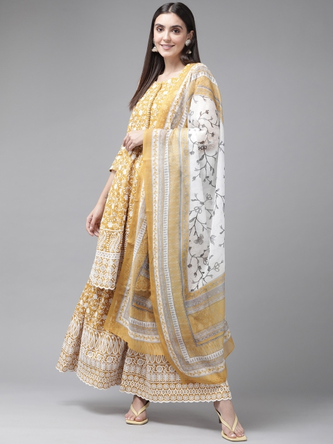 

Yufta Women Yellow Floral Embroidered Panelled Thread Work Kurta with Sharara & With Dupatta