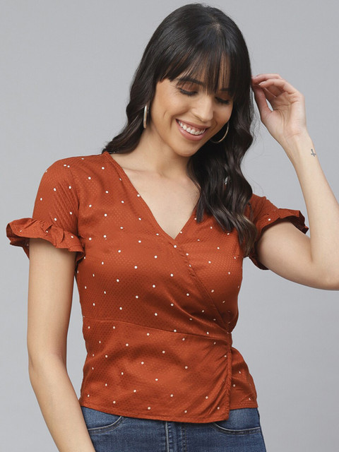 

Molly & Michel Rust Print Crepe Wrap Top