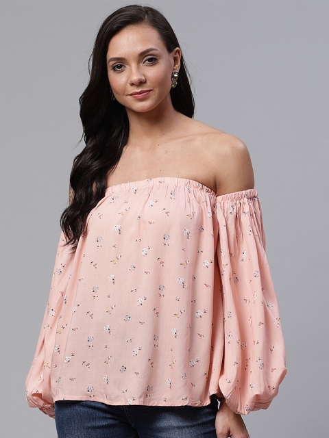 

Molly & Michel Pink Floral Print Off-Shoulder Crepe Bardot Top
