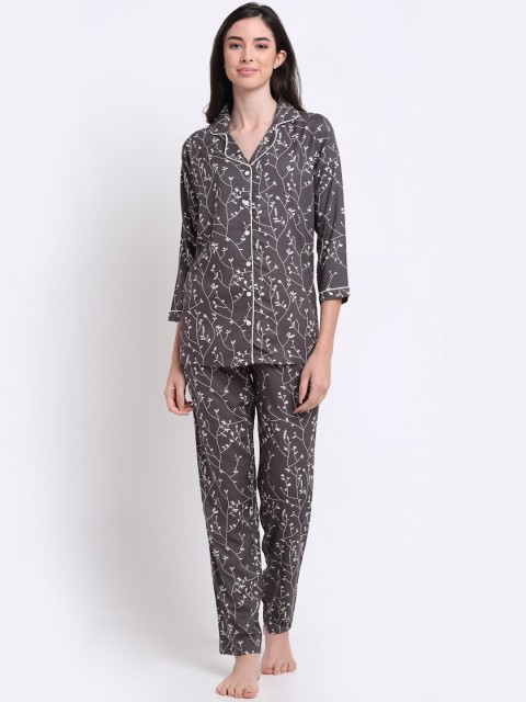 

Claura Women Grey & White Floral Printed Night Suit