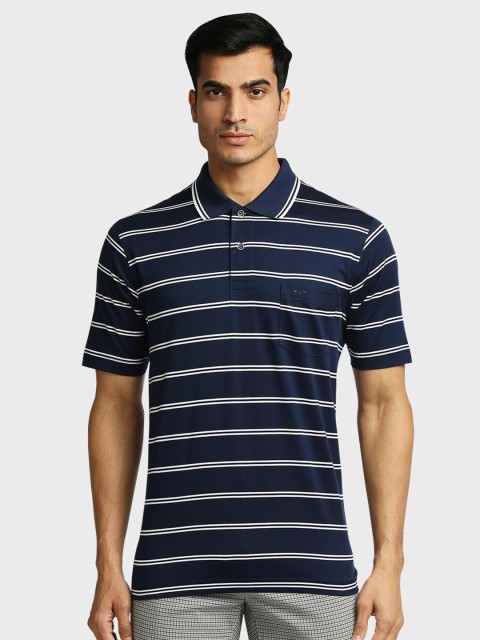

ColorPlus Men Blue Striped Polo Collar Cotton T-shirt