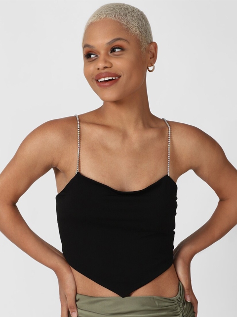 

FOREVER 21 Black Tie-Back Rhinestone Cropped Cami Top