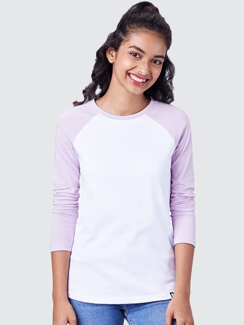 

The Souled Store Women White & Lavender Colourblocked Cotton T-shirt