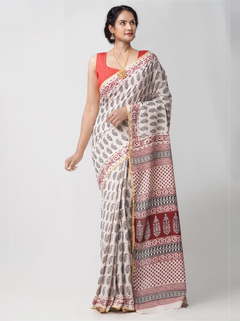 

Unnati Silks Cream-Coloured & Maroon Bagh Pure Cotton Venkatgiri Saree