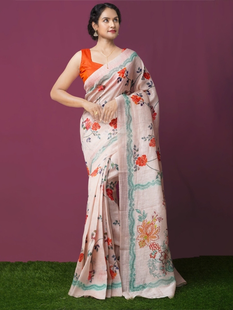 

Unnati Silks Pink & Red Floral Silk Cotton Chanderi Saree