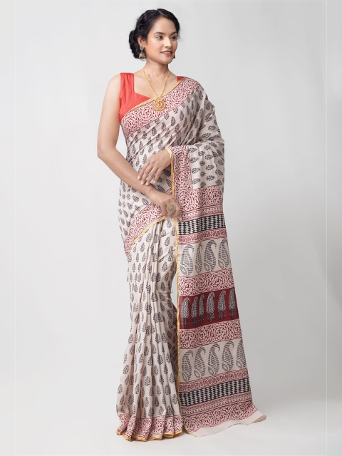 

Unnati Silks Cream-Coloured & Maroon Bagh Pure Cotton Venkatgiri Saree