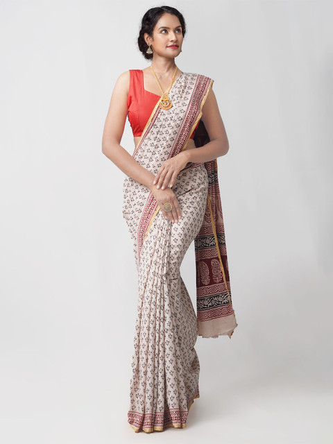 

Unnati Silks Cream-Coloured & Maroon Bagh Zari Pure Cotton Venkatgiri Saree