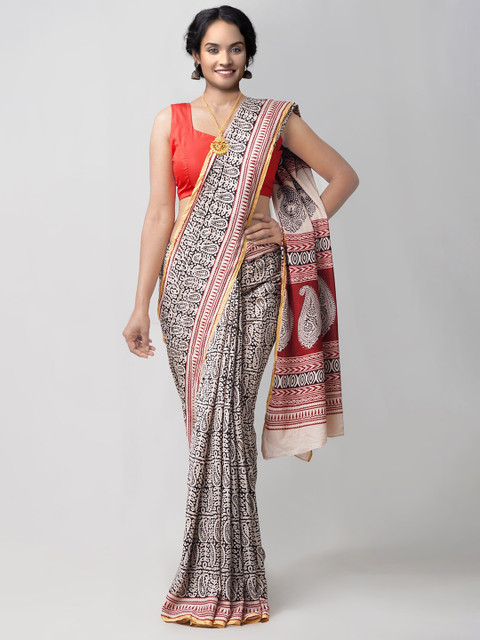 

Unnati Silks Cream-Coloured & Maroon Bagh Zari Pure Cotton Venkatgiri Saree