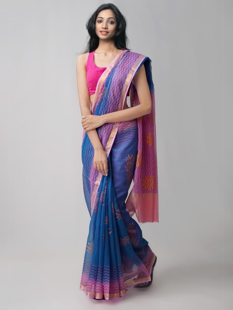 

Unnati Silks Blue & Purple Ethnic Motifs Block Printed Pure Cotton Kota Saree