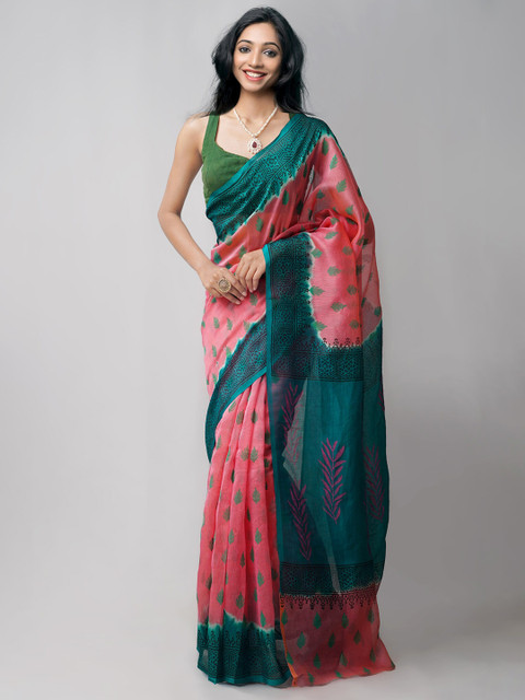 

Unnati Silks Pink & Teal Ethnic Motifs Printed Saree
