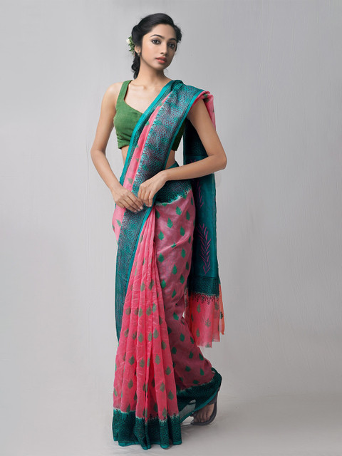 

Unnati Silks Pink & Teal Ethnic Motifs Net Block Print Saree