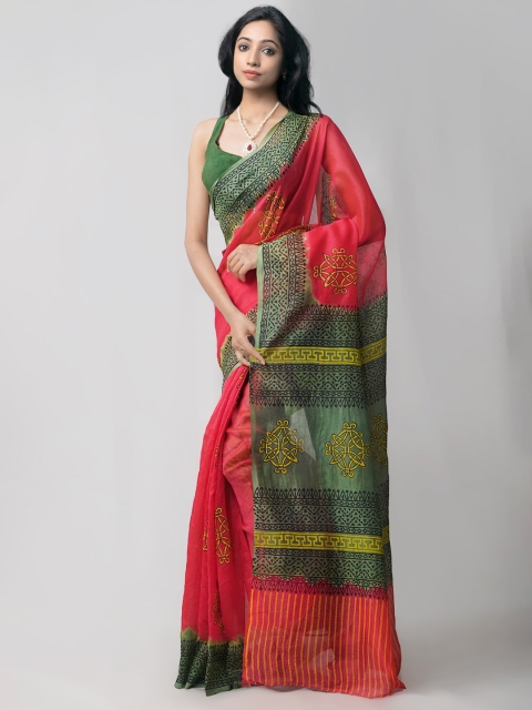 

Unnati Silks Red & Green Ethnic Motifs Net Block Print Saree