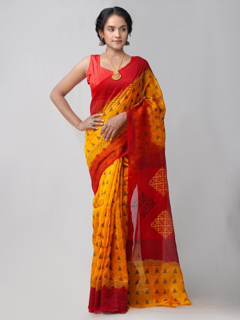 

Unnati Silks Orange & Red Ethnic Motifs Printed Net Saree