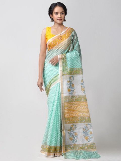 

Unnati Silks Sea Green & Orange Block Printed Handlom Sustainable Pure Cotton Kota Saree
