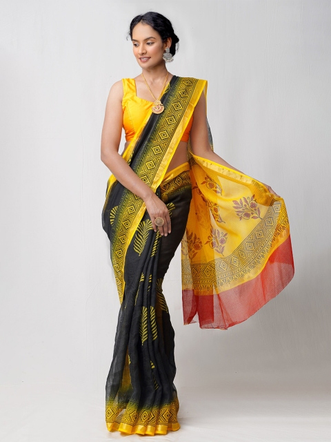 

Unnati Silks Black & Yellow Ethnic Motifs Pure Cotton Kota Saree