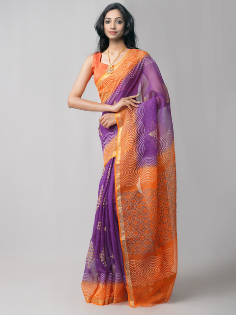

Unnati Silks Violet & Orange Ethnic Motifs Pure Cotton Kota Saree