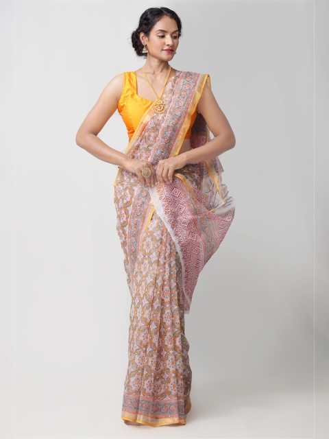 

Unnati Silks White & Mustard Ethnic Motifs Block Printed Pure Cotton Kota Saree