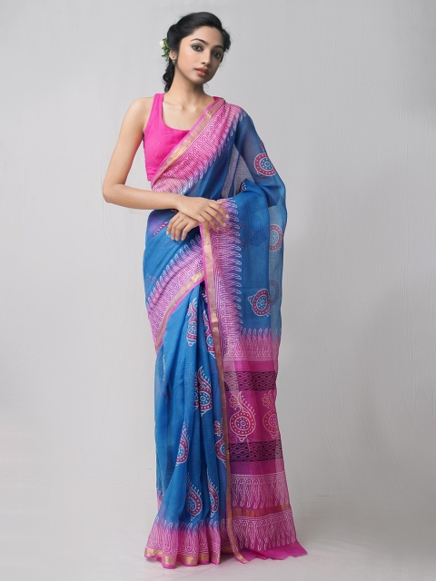 

Unnati Silks Blue & Pink Ethnic Motifs Pure Cotton Handloom Sustainble Kota Saree
