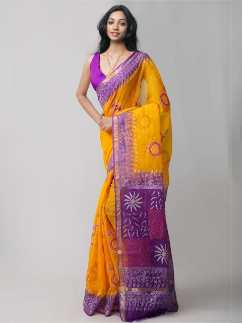 

Unnati Silks Yellow & Purple Ethnic Motifs Pure Cotton Kota Saree
