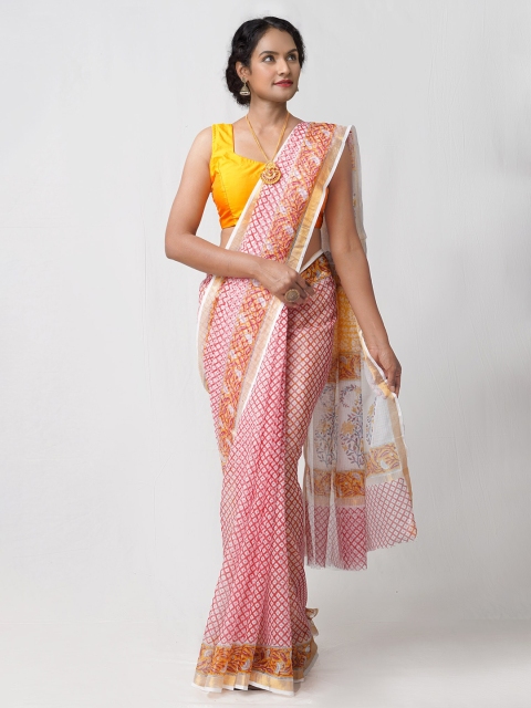 

Unnati Silks White & Pink Floral Pure Cotton Kota Saree