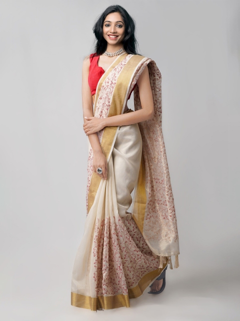 

Unnati Silks Cream-Coloured & Red Floral Zari Tissue Banarasi Saree