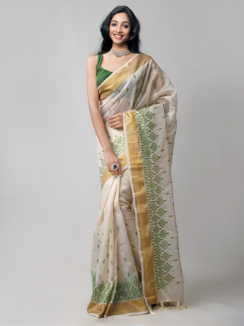 

Unnati Silks Cream-Coloured & Green Floral Zari Tissue Banarasi Saree