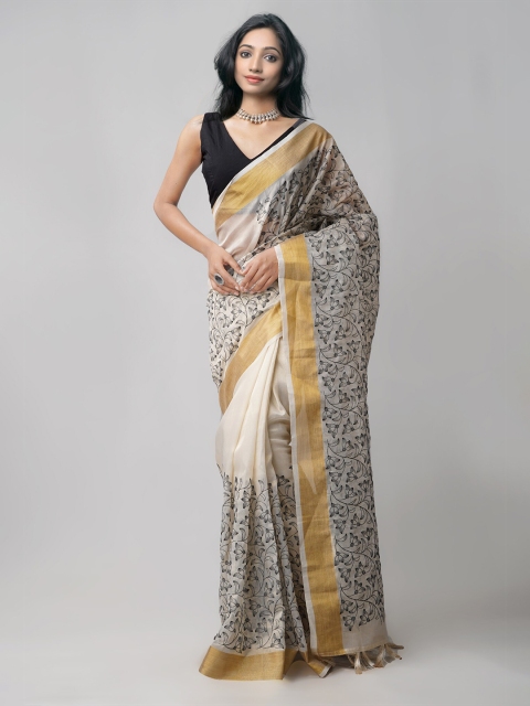 

Unnati Silks Cream-Coloured & Black Ethnic Motifs Embroidered Tissue Banarasi Saree