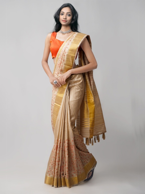 

Unnati Silks Beige & Gold-Toned Floral Embroidered Zari Silk Blend Tussar Saree