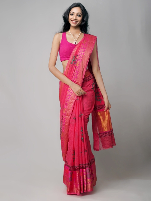 

Unnati Silks Pink & Green Ethnic Motifs Zari Pure Cotton Kota Saree