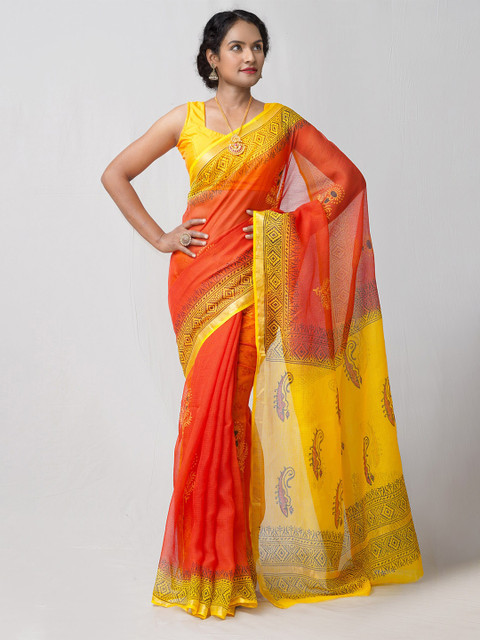 

Unnati Silks Red & Yellow Ethnic Motifs Printed Pure Cotton Kota Saree