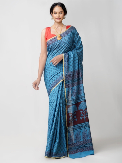 

Unnati Silks Blue & Maroon Bagh Printed Pure Cotton Venkatgiri Saree