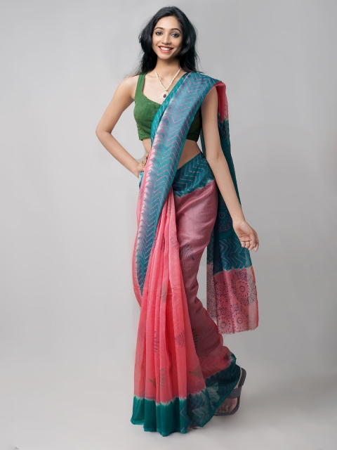 

Unnati Silks Pink & Blue Ethnic Motifs Net Block Print Saree