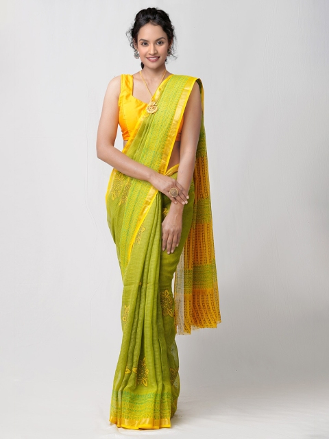 

Unnati Silks Lime Green & Yellow Block Printed Handloom Sustainable Pure Cotton Kota Saree