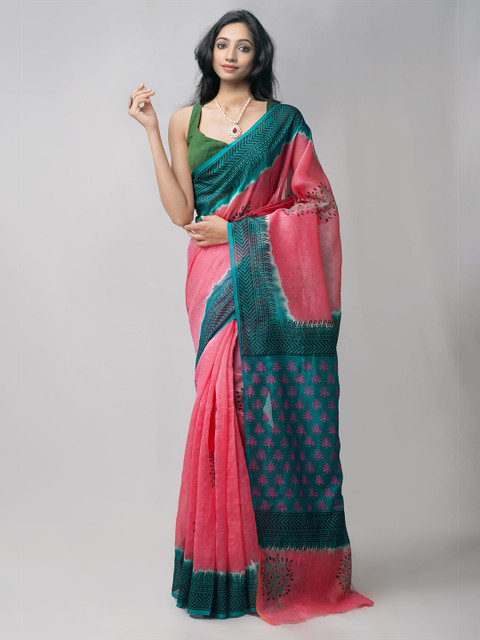 

Unnati Silks Pink & Green Ethnic Motifs Printed Net Block Print Saree