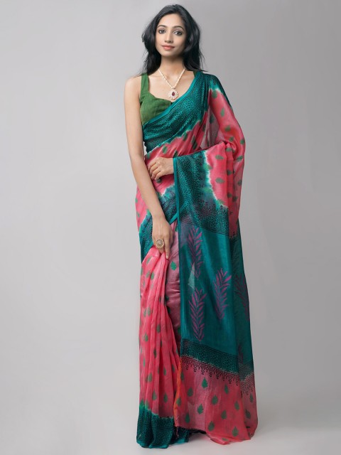 

Unnati Silks Pink & Teal Ethnic Motifs Block Printed Net Saree