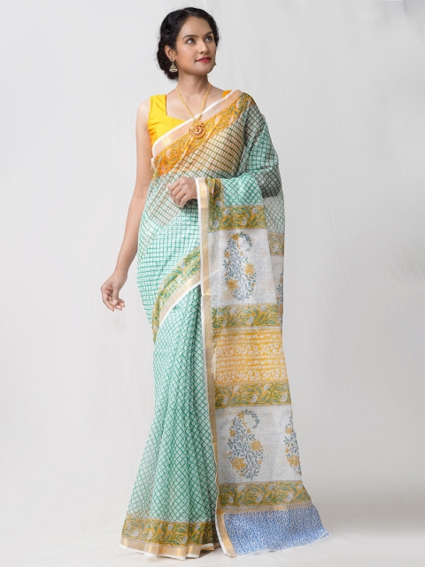 

Unnati Silks White & Green Floral Zari Pure Cotton Kota Saree