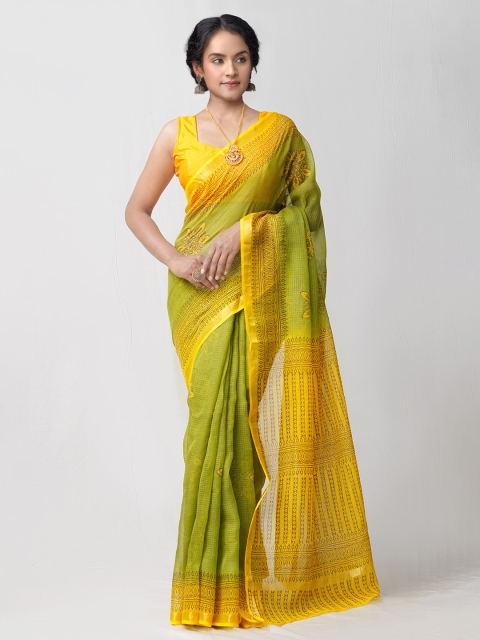 

Unnati Silks Green & Yellow Ethnic Motifs Pure Cotton Handloom Sustainable Kota Saree